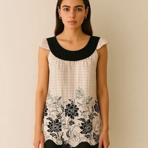 Hale Bob Cream White and Black Polka Dot Baby Doll Trapeze Dress